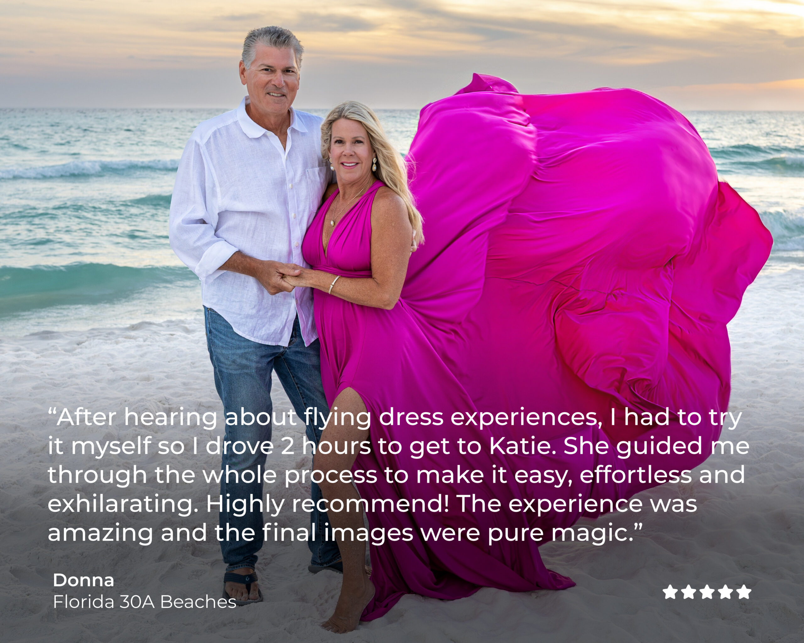 Testimonial-Tile-Final_Donna Client testimonial from Donna, Florida 30A: a couple on the beach, the woman in a magenta flying dress