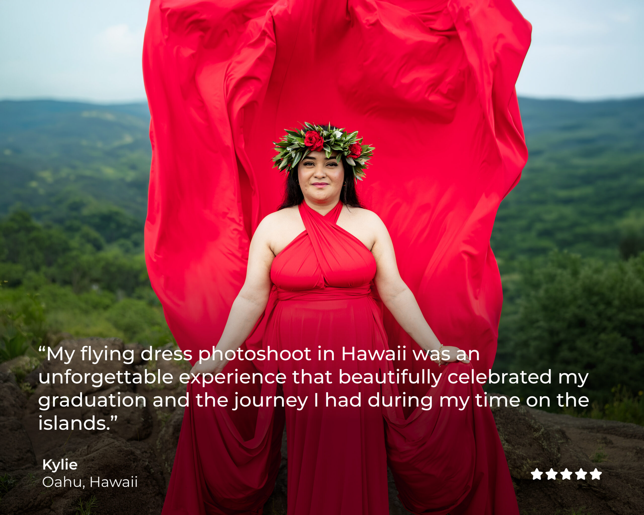 Testimonial-Tile-Final_Kylie Client testimonial from Kylie, Oʻahu, Hawaiʻi, in a red flying dress and flower crown