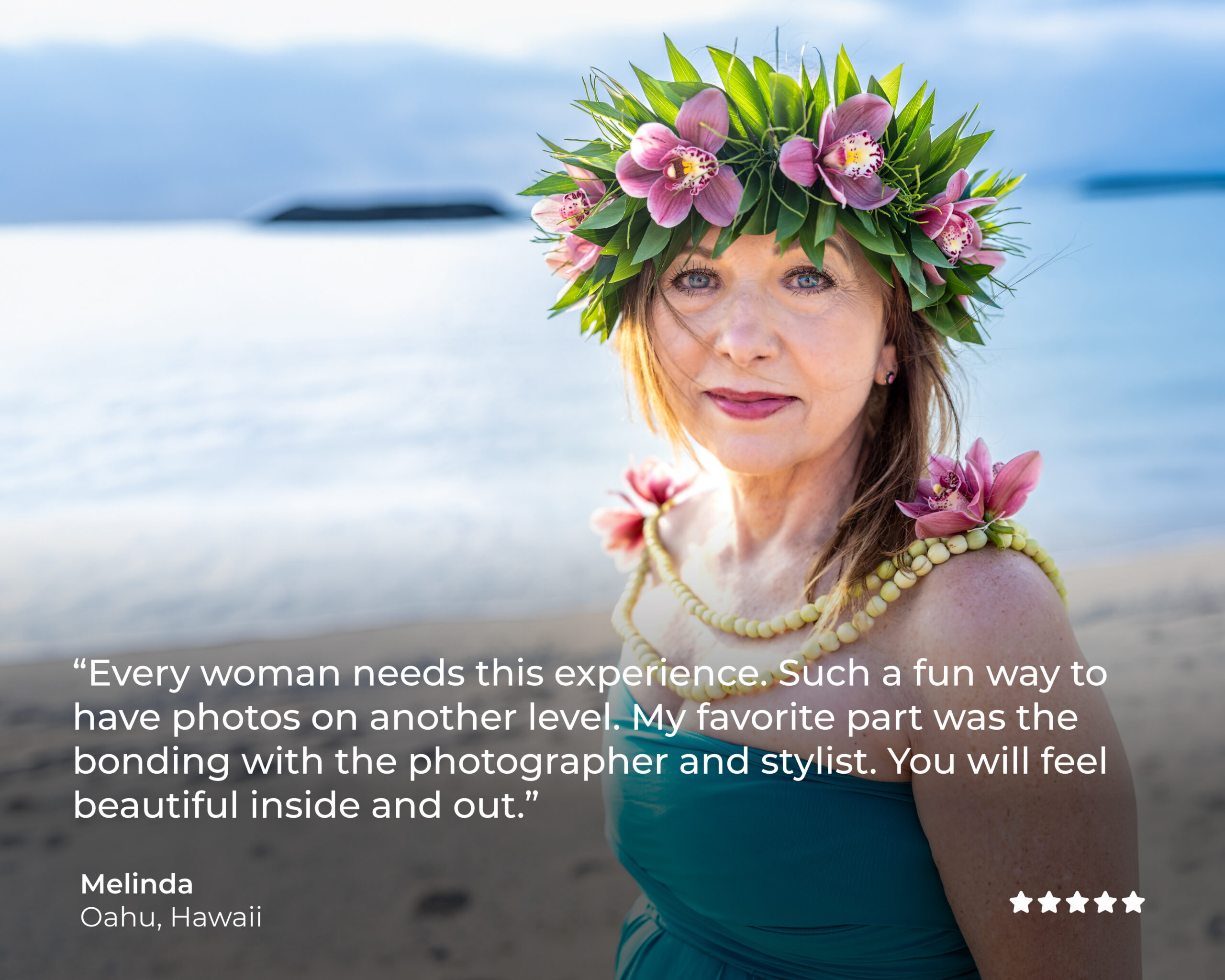 Testimonial-Tile-Final_Melinda Client testimonial from Melinda, Oʻahu, Hawaiʻi, wearing a flower crown