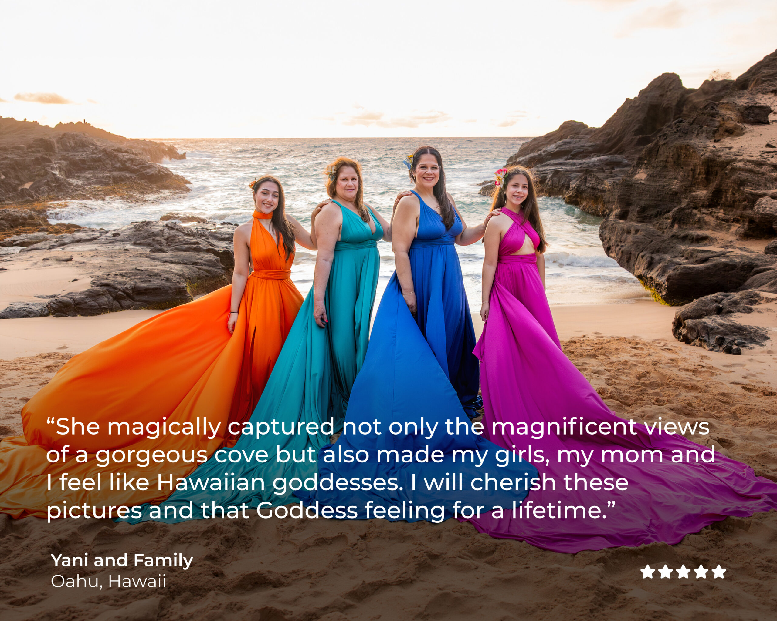 Testimonial-Tile-Final_Yani Client testimonial from Yani and family, Oʻahu, Hawaiʻi, in rainbow-colored flying dresses on the beach