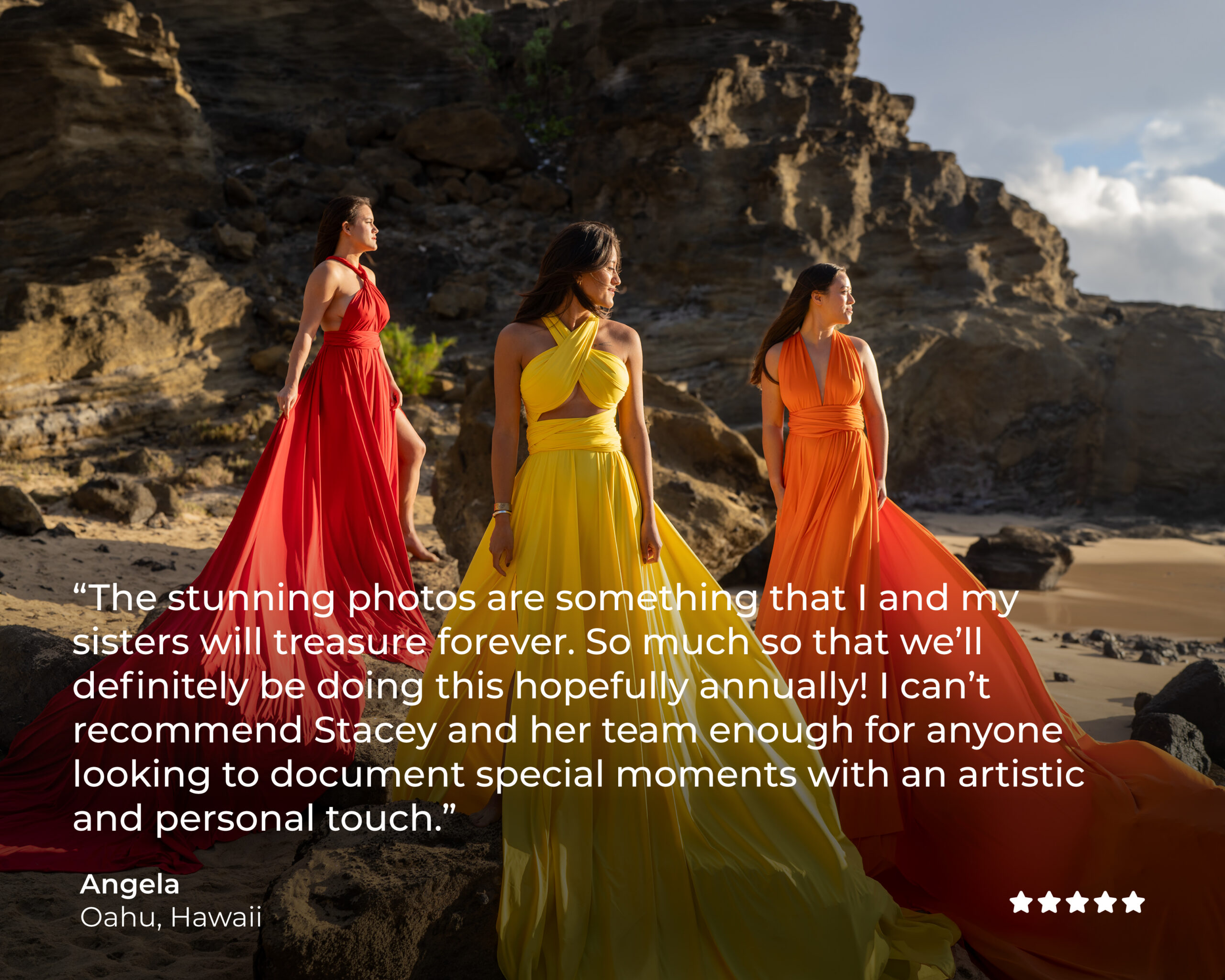 Angela-Hawaii Client testimonial from Angela, Hawaiʻi: a group of women in red, yellow and orange flying dresses