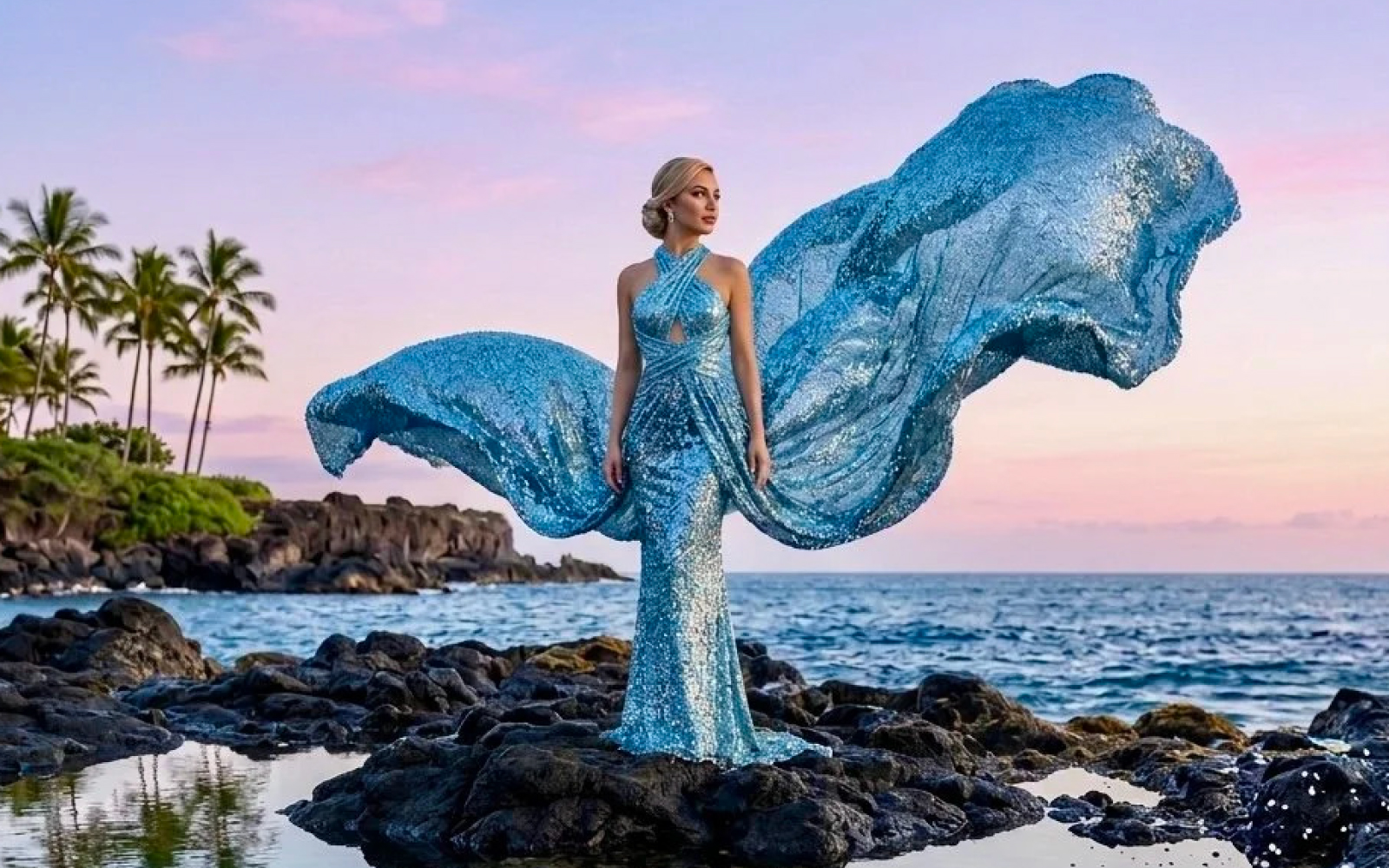 Woman in a blue sequin flying dress on lava rocks with palm trees at sunset