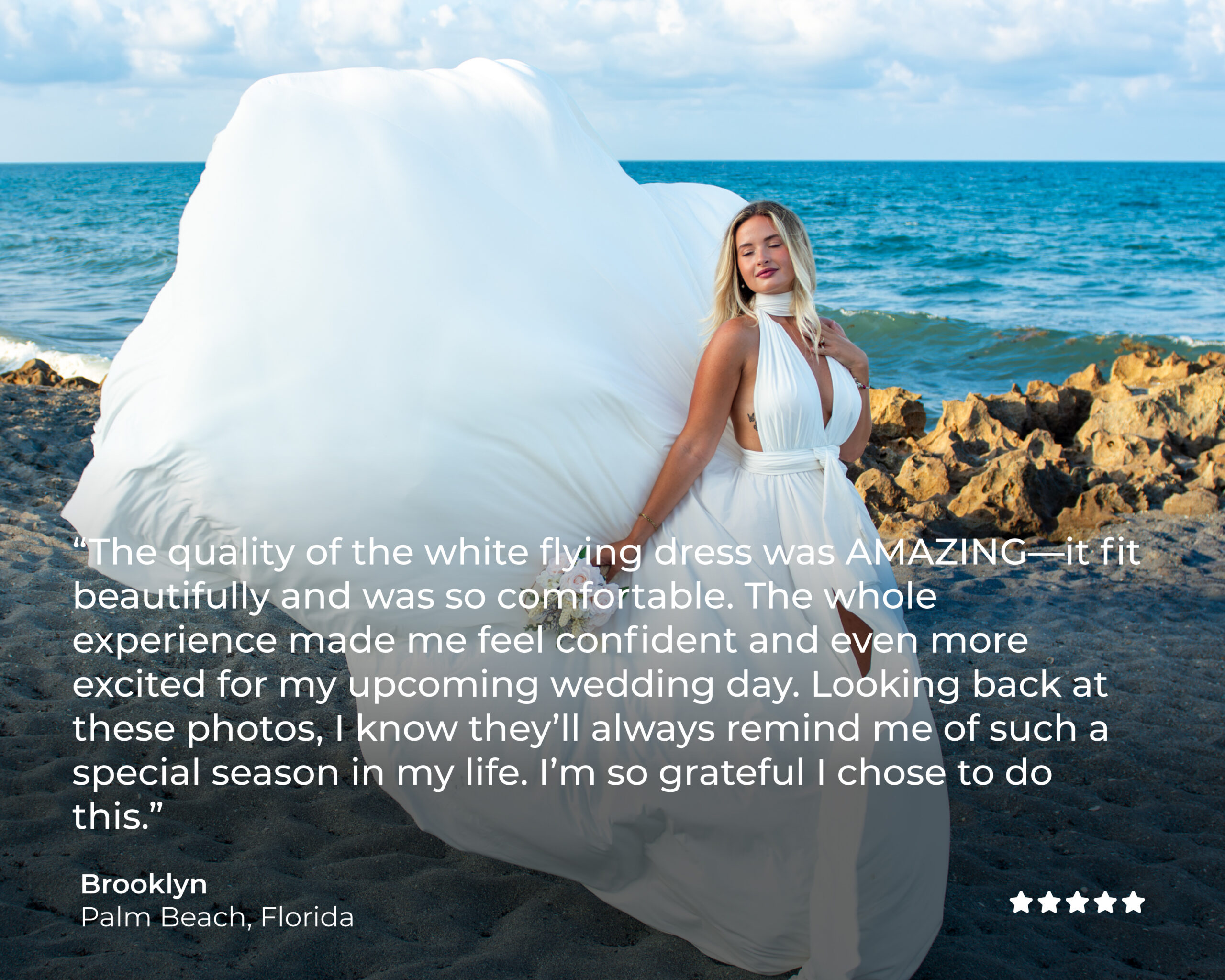 Brooklyn-Palm-Beach-Testimonial Client testimonial from Brooklyn, Palm Beach, Florida, in a white flying dress on the beach