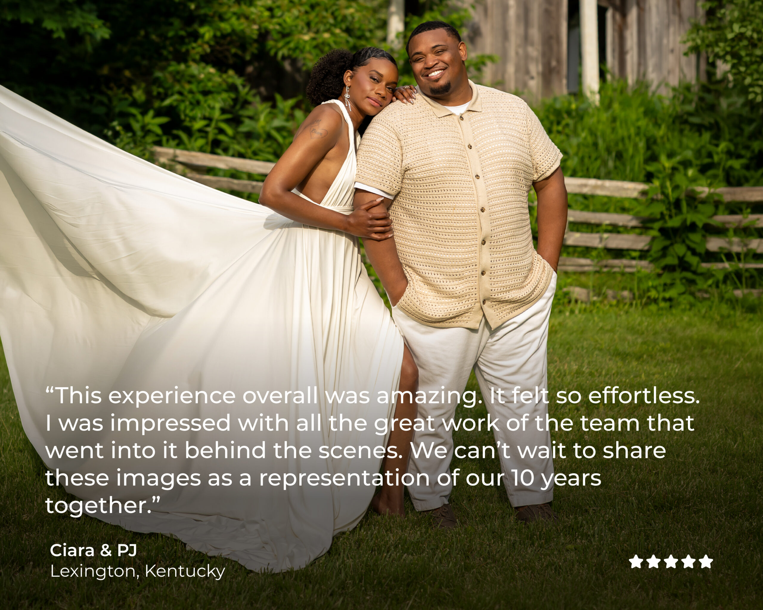 Ciara-and-PJ-Kentucky Client testimonial from Ciara and PJ, Lexington, Kentucky, with the woman in an ivory flying dress