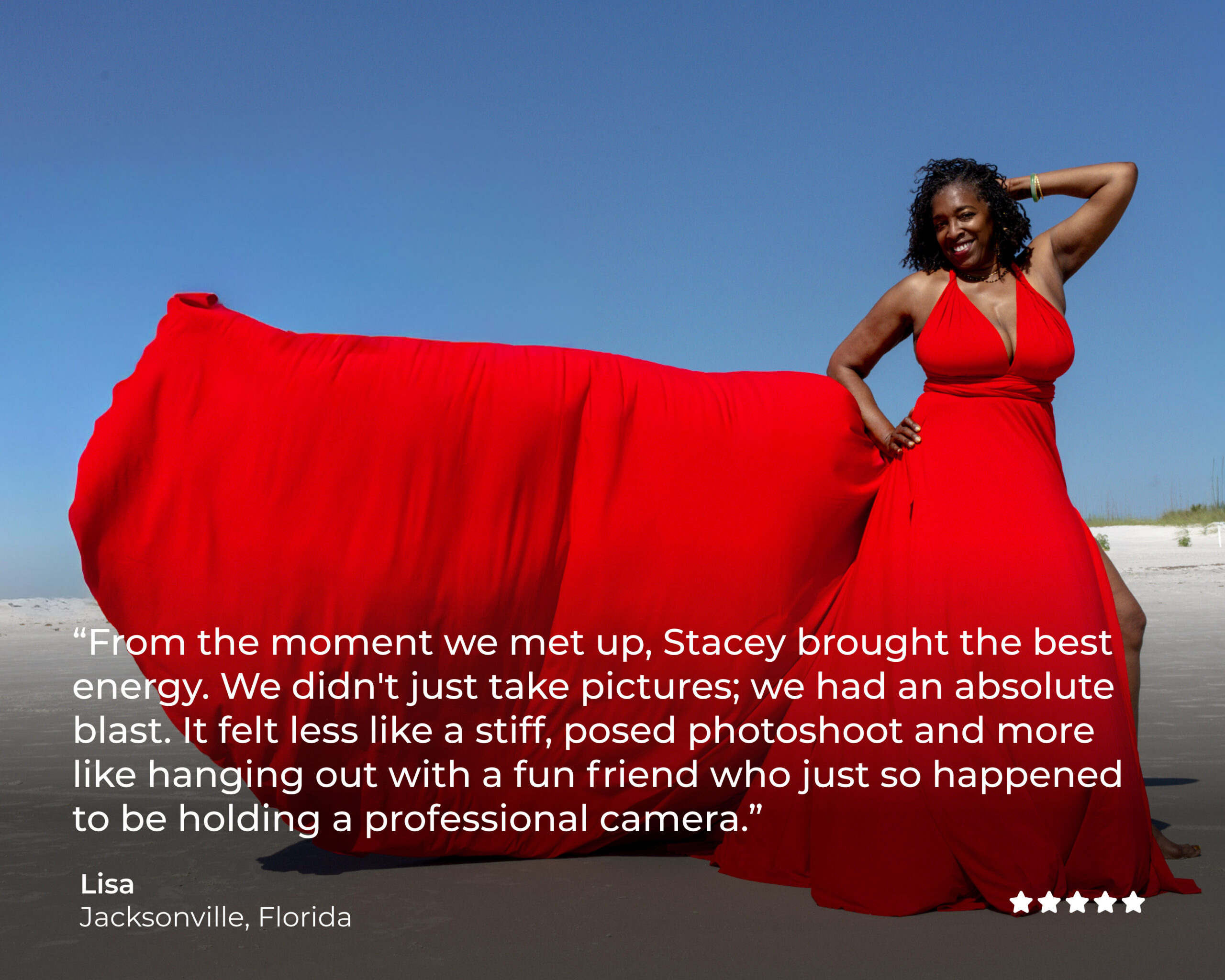 Lisa-Florida-Testimonial Client testimonial from Lisa, Jacksonville, Florida, in a red flying dress