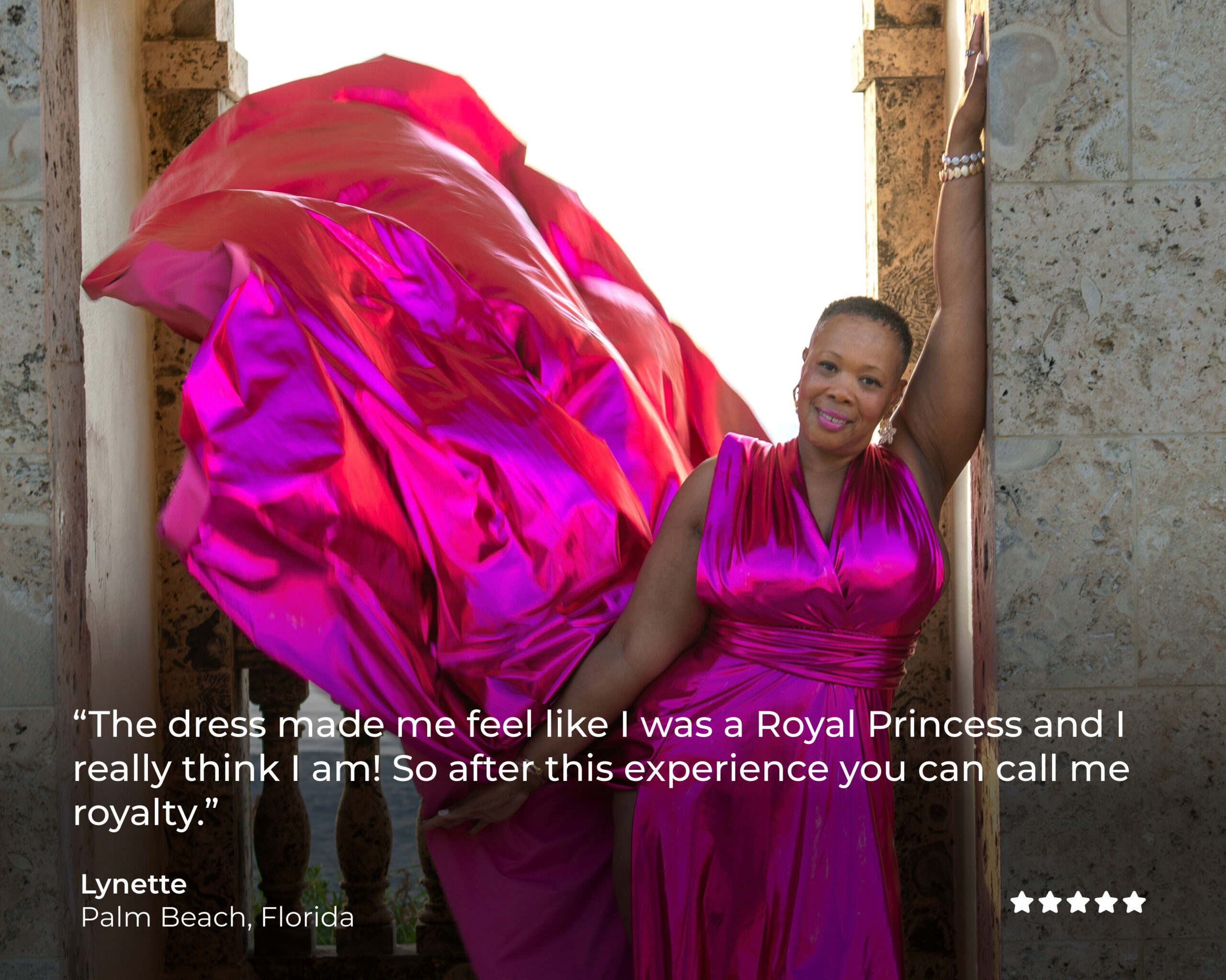 Lynette-Palm-Beach-Testimonial Client testimonial from Lynette, Palm Beach, Florida, in a magenta flying dress